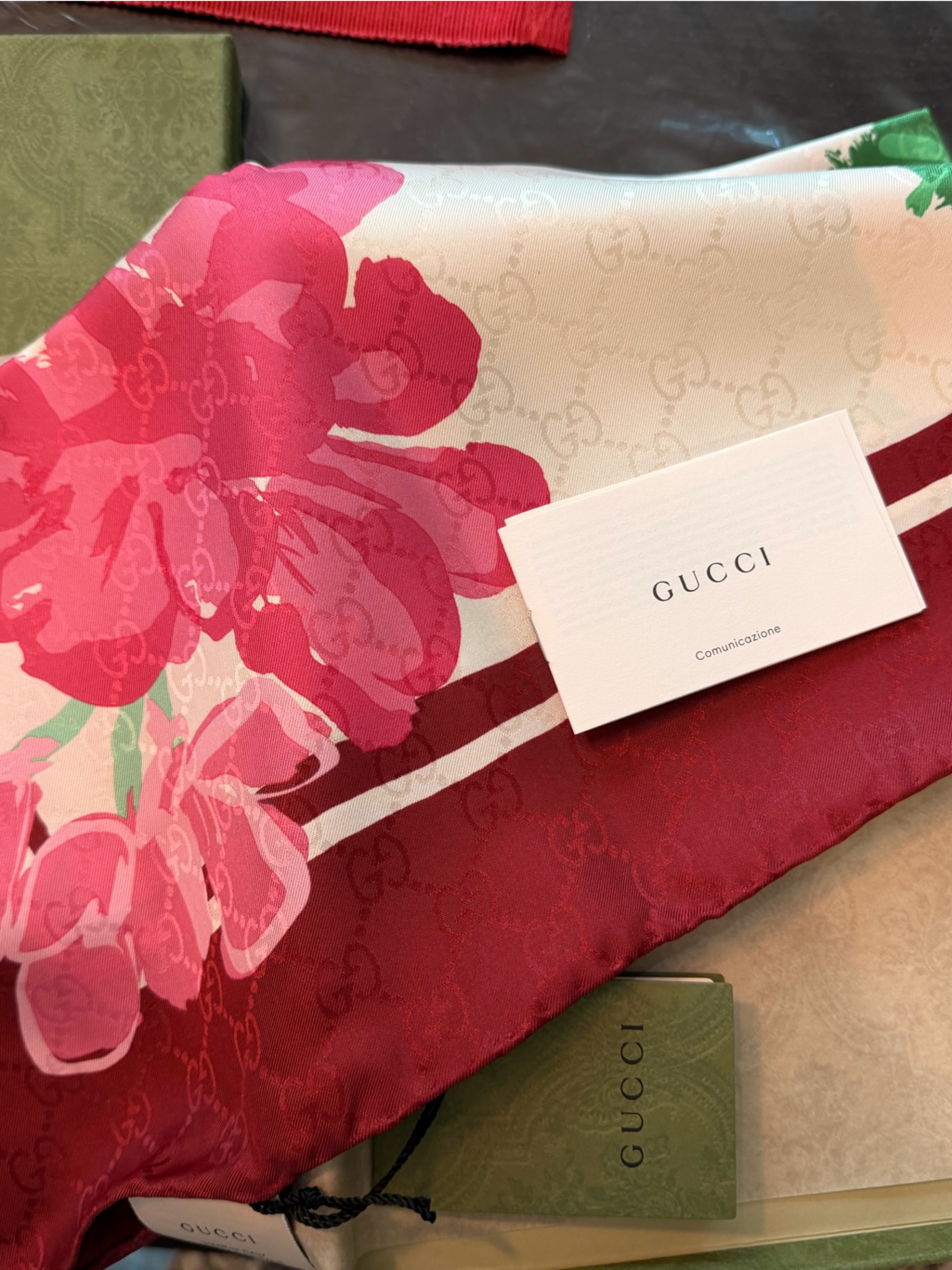 Nwt Gucci Floral Silk Scarf In Red, Pink, Cream And Green